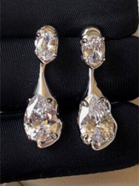 Silver Liquid Metal Double Teardrop Cubic Zirconia Dangle Earrings Wedding Eveni